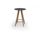Unity circular poseur table with solid oak legs by Dams, featuring a smooth round tabletop and sturdy wooden support.