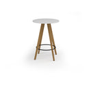 Dams Unity circular poseur table with solid oak legs, featuring a smooth round tabletop and modern design.