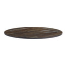 Round Extrema table top by ZAP featuring planked vintage wood design, showcasing rustic, textured wood surface.