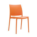 Orange Maya side chair by ZAP featuring a modern design with a smooth, curved seat and sleek metal legs.