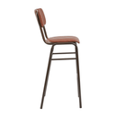 Vintage tan Tavo stacking bar stool by ZAP, showing a sleek modern design with a wooden seat and metal frame from the side.