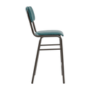 Vintage teal Tavo stacking mid-height bar stool by ZAP, shown from the side with a sleek, modern design and metal legs.