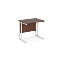 Dams Maestro 25 walnut 600mm deep straight desk with white finish and cantilever legs, showcasing a modern office workspace.