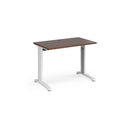 Deep straight desk in walnut wood finish, TR10 600mm Dams desk with sleek design and sturdy construction, shown from the front.
