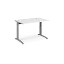 Dams TR10 Height Settable Straight Desk in white, showing the clean, modern design with adjustable height feature.