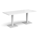 White Brescia rectangular dining table with flat square base by Dams, showcasing sleek modern design and smooth tabletop surface.