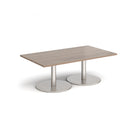 Dams Monza rectangular coffee table with a flat round base in Barcelona Walnut wood finish.
