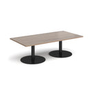 Rectangular coffee table with flat round base in Barcelona walnut wood by Dams, showcasing a modern living room setup.