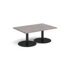 Dams Monza rectangular coffee table with flat round base in grey oak finish, showcasing modern design and wood grain texture.