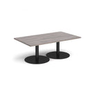 Dams Monza rectangular coffee table with flat round base in grey oak finish, modern and stylish living room furniture piece.