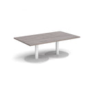 Dams Monza rectangular coffee table with flat round base in grey oak finish, showcasing modern design and wood grain details.