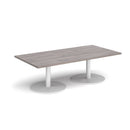 Dams Monza rectangular coffee table with flat round base in grey oak finish, modern design, and sleek surface.