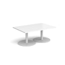 White Monza rectangular coffee table by Dams with a flat round base, modern design, and smooth clean surface.