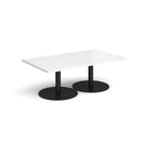 White Monza rectangular coffee table with a flat round base by Dams, modern living room furniture, sleek and stylish design.