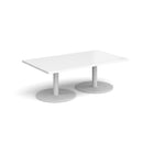 Dams Monza rectangular coffee table with flat round base in white, modern design, smooth surface, and sleek style.