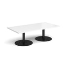 White Monza rectangular coffee table by Dams with a flat round base, modern design, and smooth surface.