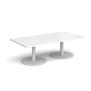 White Monza rectangular coffee table by Dams with a flat round base, modern design, and sleek finish.