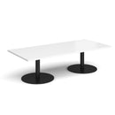 White Monza rectangular coffee table with flat round base by Dams, showcasing a modern, minimalistic design.