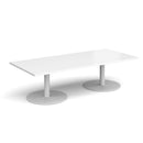 White Monza rectangular coffee table with a flat round base by Dams, showcasing modern minimalist design.