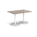 Dams Monza rectangular dining table with flat round base in Barcelona Walnut wood, showcasing sleek modern design.