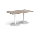 Dams Monza rectangular dining table with flat round base in Barcelona Walnut wood finish, showcasing modern design.