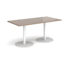 Dams Monza rectangular dining table with flat round base in Barcelona Walnut wood finish, showcasing its modern design.