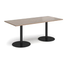 Dams Monza rectangular dining table with flat round base in Barcelona Walnut wood finish, showcasing sleek modern design.