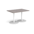 Dams Monza rectangular dining table with flat round base in grey oak finish, showcasing sleek modern design and smooth surface.
