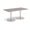 Dams Monza rectangular dining table with flat round base in grey oak finish, showcasing sleek modern design and smooth tabletop.