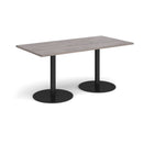 Dams Monza rectangular dining table in grey oak with a flat round base, showcasing modern design and smooth wooden surface.