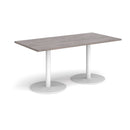 Dams Monza rectangular dining table with flat round base in grey oak finish, showcasing modern design and smooth surface.