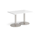 White Monza rectangular dining table by Dams with a flat round base, modern design, and smooth tabletop surface.