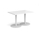 White Monza rectangular dining table by Dams with a flat round base, showcasing a sleek modern design for dining spaces.