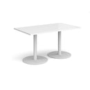 White Dams Monza rectangular dining table with flat round base, showcasing a modern design and smooth tabletop surface.