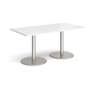 White Monza rectangular dining table with flat round base by Dams, showcasing a modern design and smooth surface.