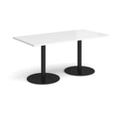 White Monza rectangular dining table by Dams with a flat round base, showcasing a sleek modern design and smooth tabletop surface.