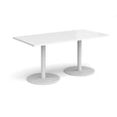 White Monza rectangular dining table with flat round base by Dams, showcasing smooth tabletop and modern design.
