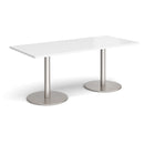 White Monza rectangular dining table with flat round base by Dams, shown with a smooth tabletop and modern design.
