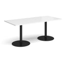 Dams Monza rectangular dining table with flat round base in white, showcasing smooth tabletop and modern design.