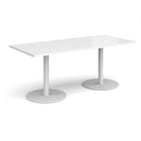Dams Monza rectangular dining table with flat round base in white finish, showcasing sleek modern design and smooth tabletop surface.
