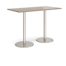 Dams Monza rectangular poseur table with flat round base in Barcelona Walnut wood finish, showcasing sleek modern design.
