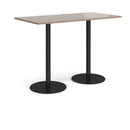 Dams Monza rectangular poseur table with flat round base in Barcelona walnut wood finish, showcasing modern design and smooth surface.