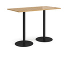 Dams Monza rectangular poseur table with flat round oak base, showcasing its sleek wooden tabletop and sturdy design.