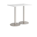 White Monza rectangular poseur table with flat round base by Dams, showcasing a sleek modern design and sturdy construction.