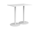 White Monza rectangular poseur table with flat round base by Dams, showcasing a sleek, modern design ideal for casual seating areas.