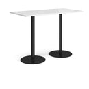 White Monza rectangular poseur table with flat round base by Dams, featuring a sleek modern design and sturdy construction.