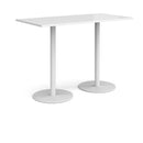 White Monza rectangular poseur table with flat round base by Dams, showing a modern, sleek design suitable for high-top settings.