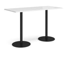 White Monza rectangular poseur table with flat round base by Dams, showcasing a modern, sleek design for casual seating areas.