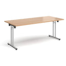Dams rectangular folding leg table with straight foot rails in beech wood, featuring chrome legs and a sturdy design.