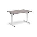 Grey oak rectangular folding leg table with straight foot rails by Dams, showcasing its sturdy design and foldable feature.